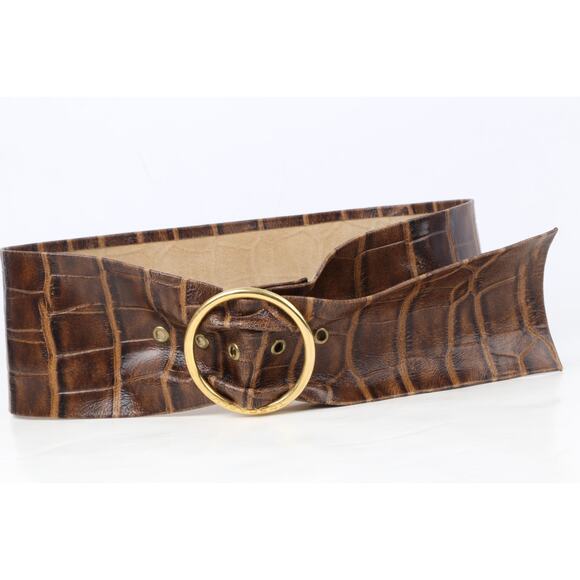 Vintage Croco Print Leather Belt Brown Wide Gold Round Buckle Size S main image 10